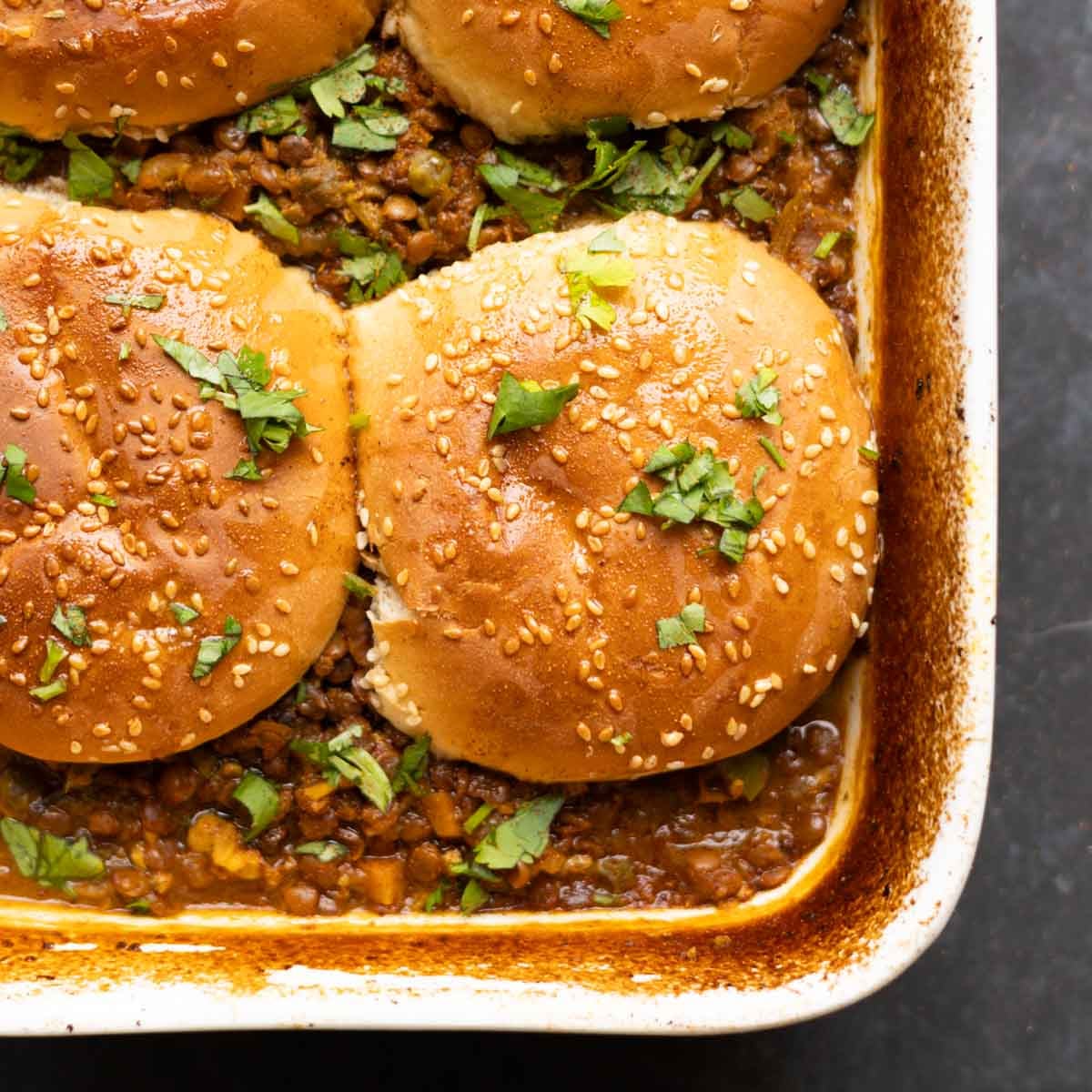 close-up of keema lentil casserole in the baking pan after baking