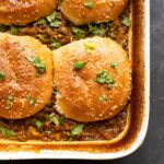 close-up of keema lentil casserole in the baking pan after baking