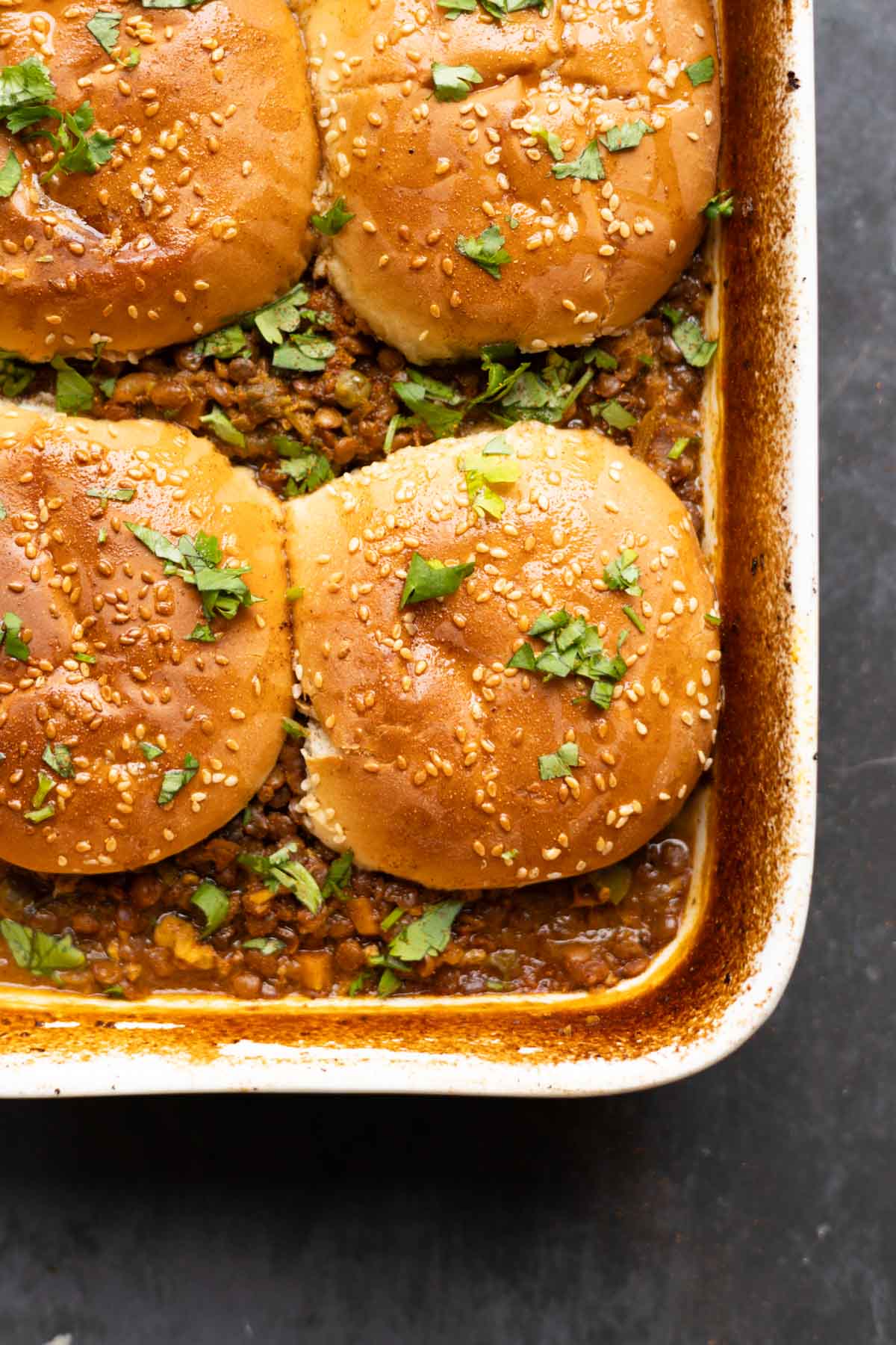 close-up of keema lentil casserole in the baking pan after baking