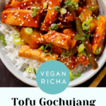 gochujang tofu stir fry in a bowl topped with sesame seeds and green onion, text overlay