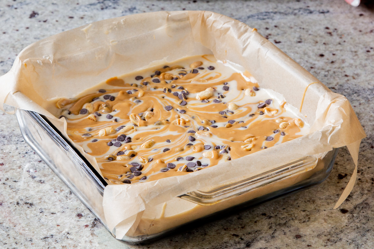 Snickers cake with the peanut butter swirled in, before baking