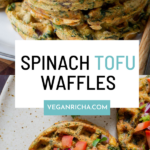 spinach waffles on plates topped with chopped tomato and cilantro, text overlay