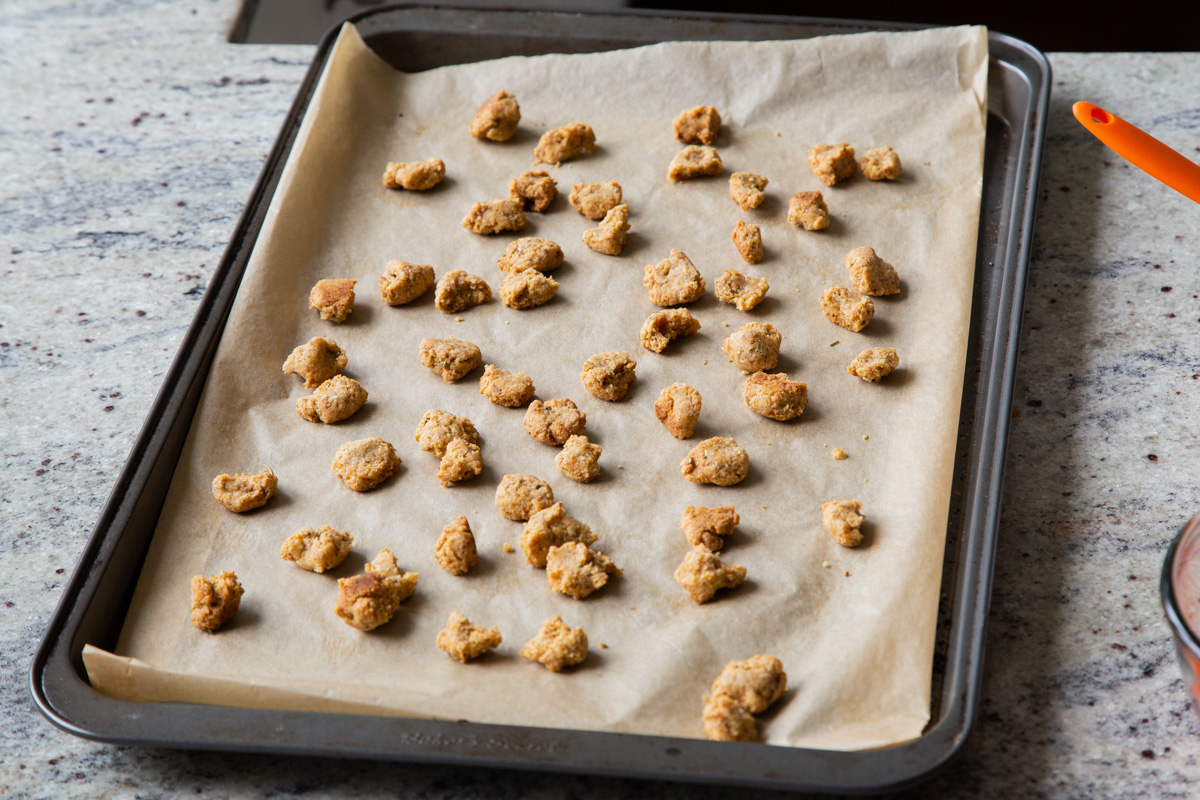 almond croutons on the baking sheet, after baking
