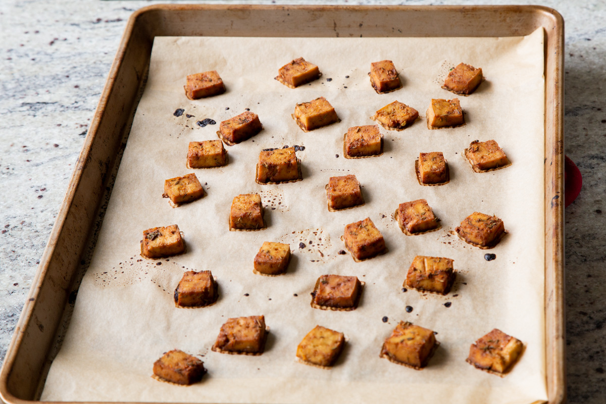 smoky tofu on the baking sheet after baking