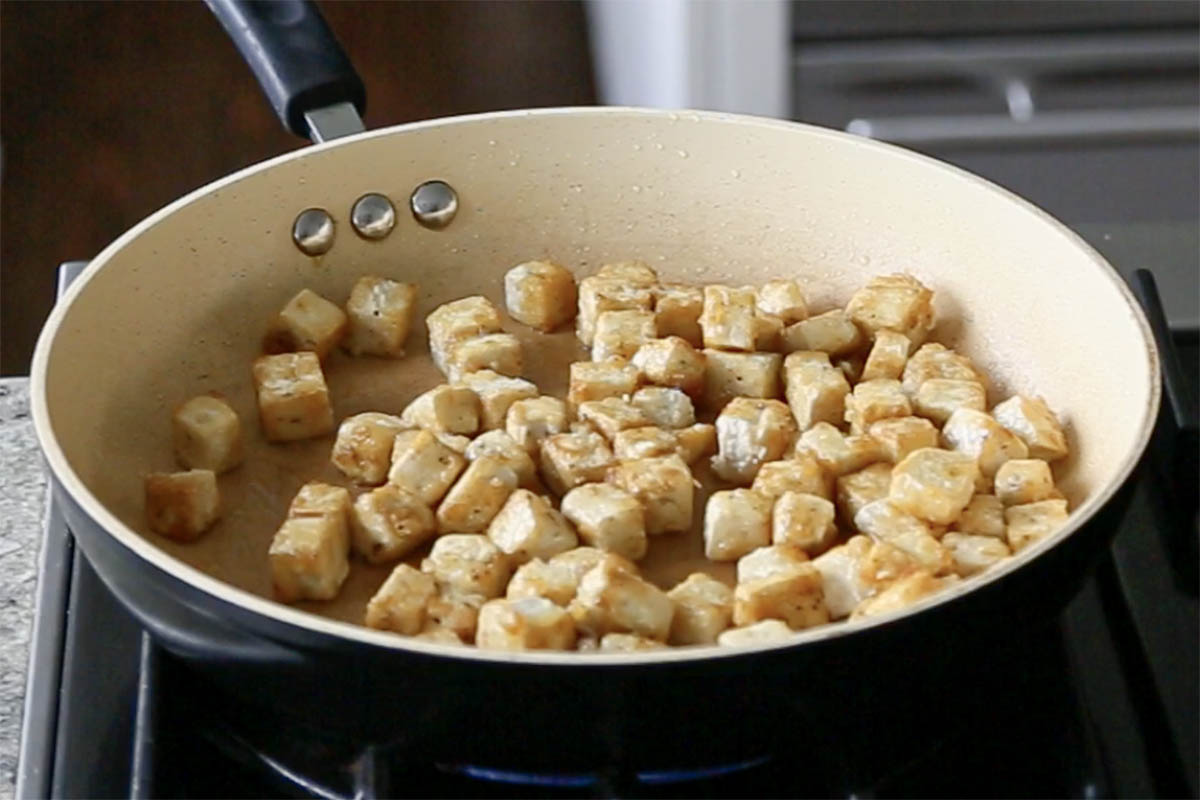 crispy tofu in the pan, after cooking