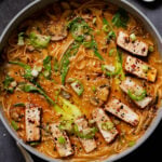vegan tonkotsu in the pan after adding tofu and toppings
