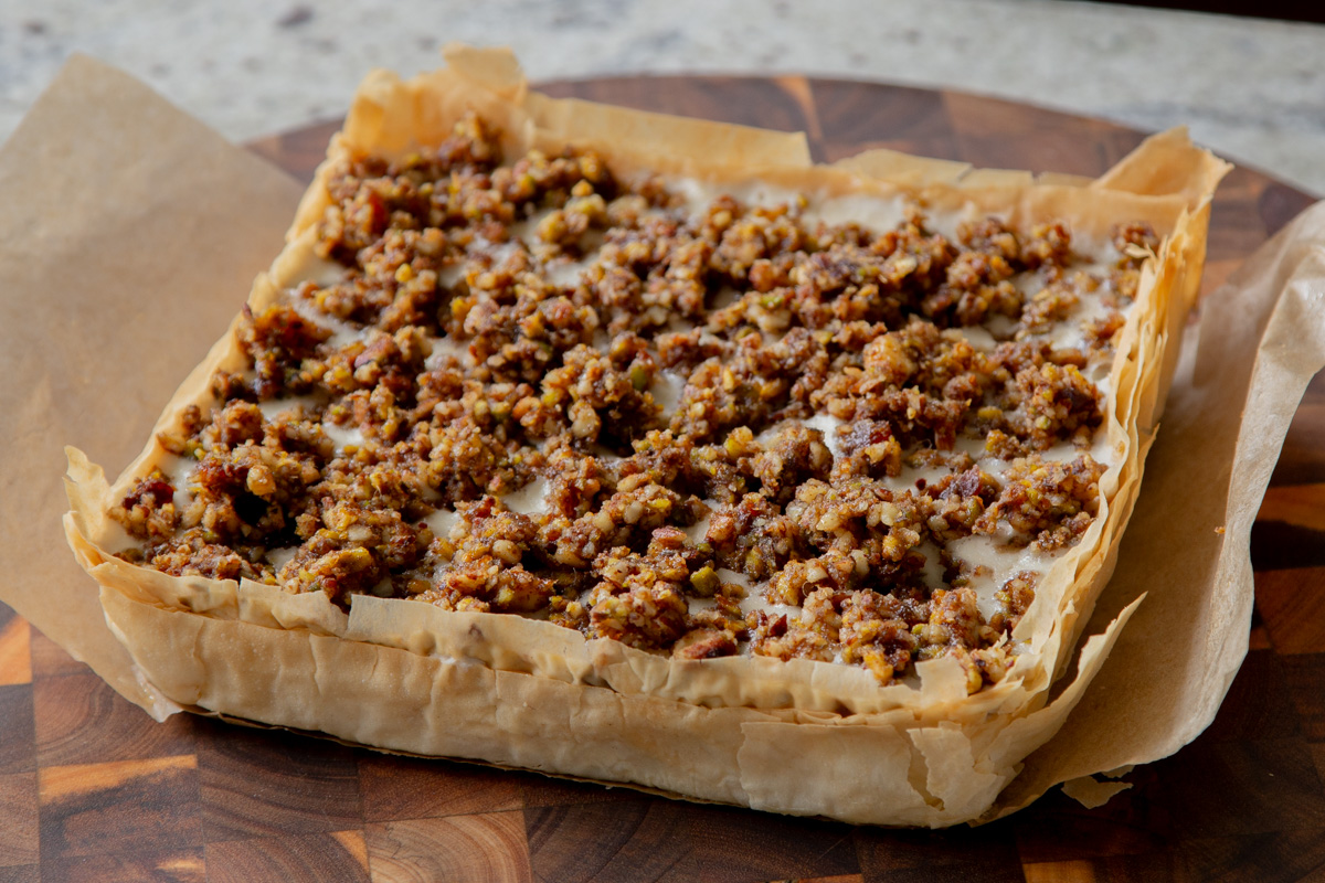 baklava cheesecake, after freezing and removing from the pan