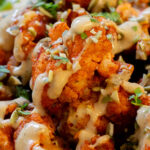 close-up of harissa cauliflower, so you can see the texture.