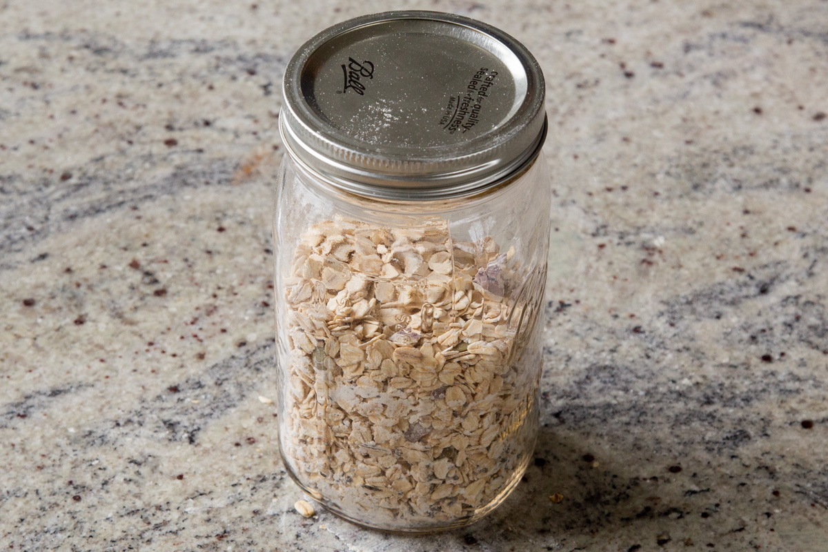 baked oatmeal mix stored in a mason jar