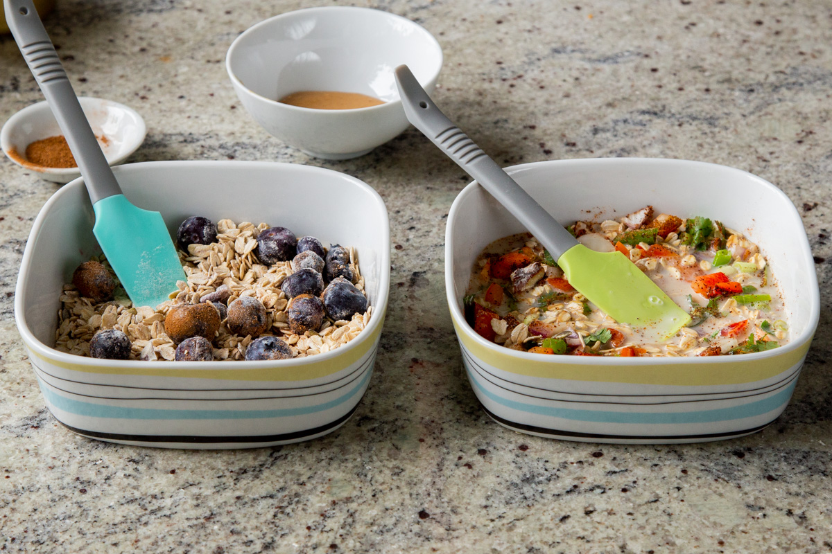 sweet and savory oats dry ingredients mixed together in separate pans