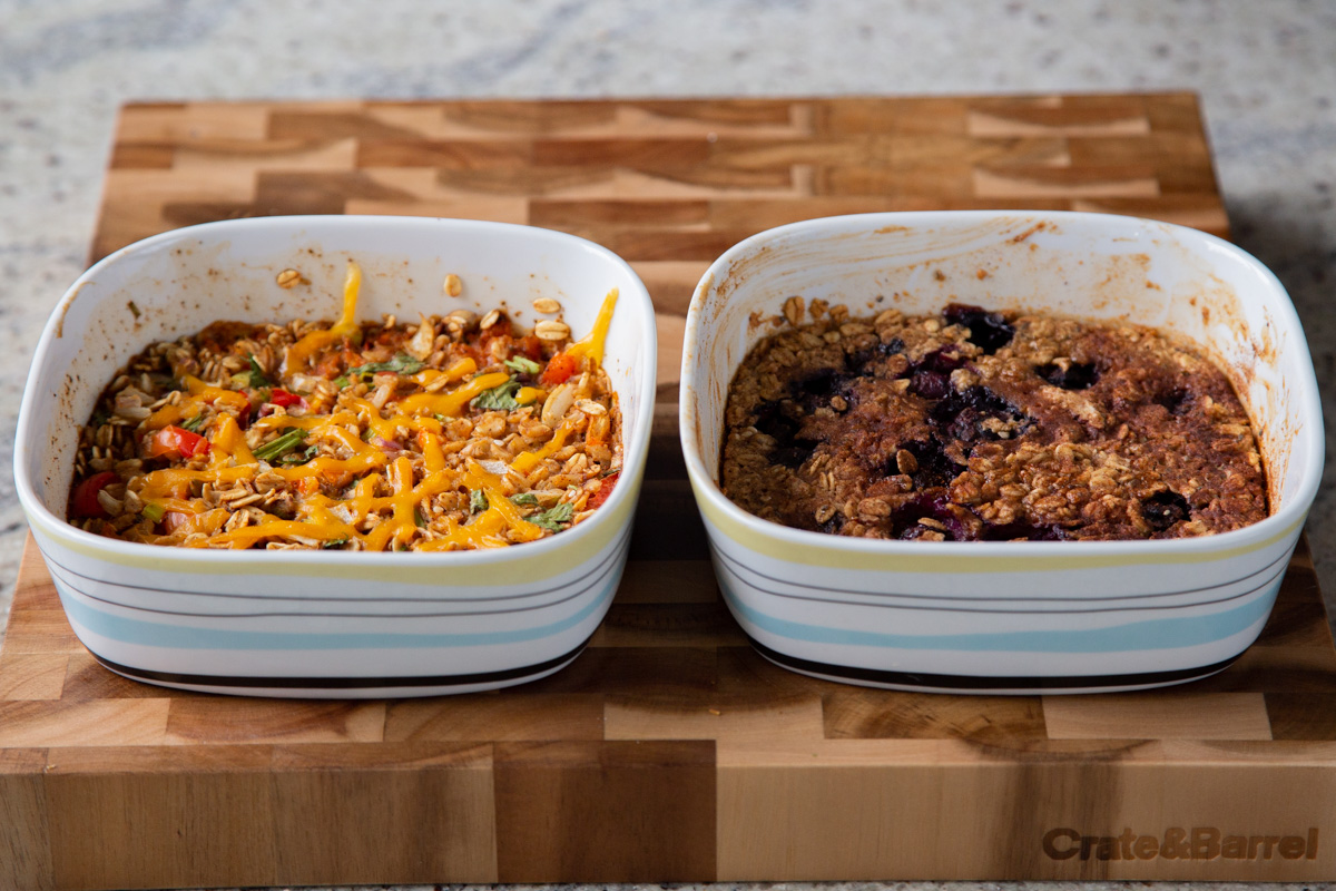 PBJ baked oats and Tex-Mex baked oats in the baking dishes, after baking