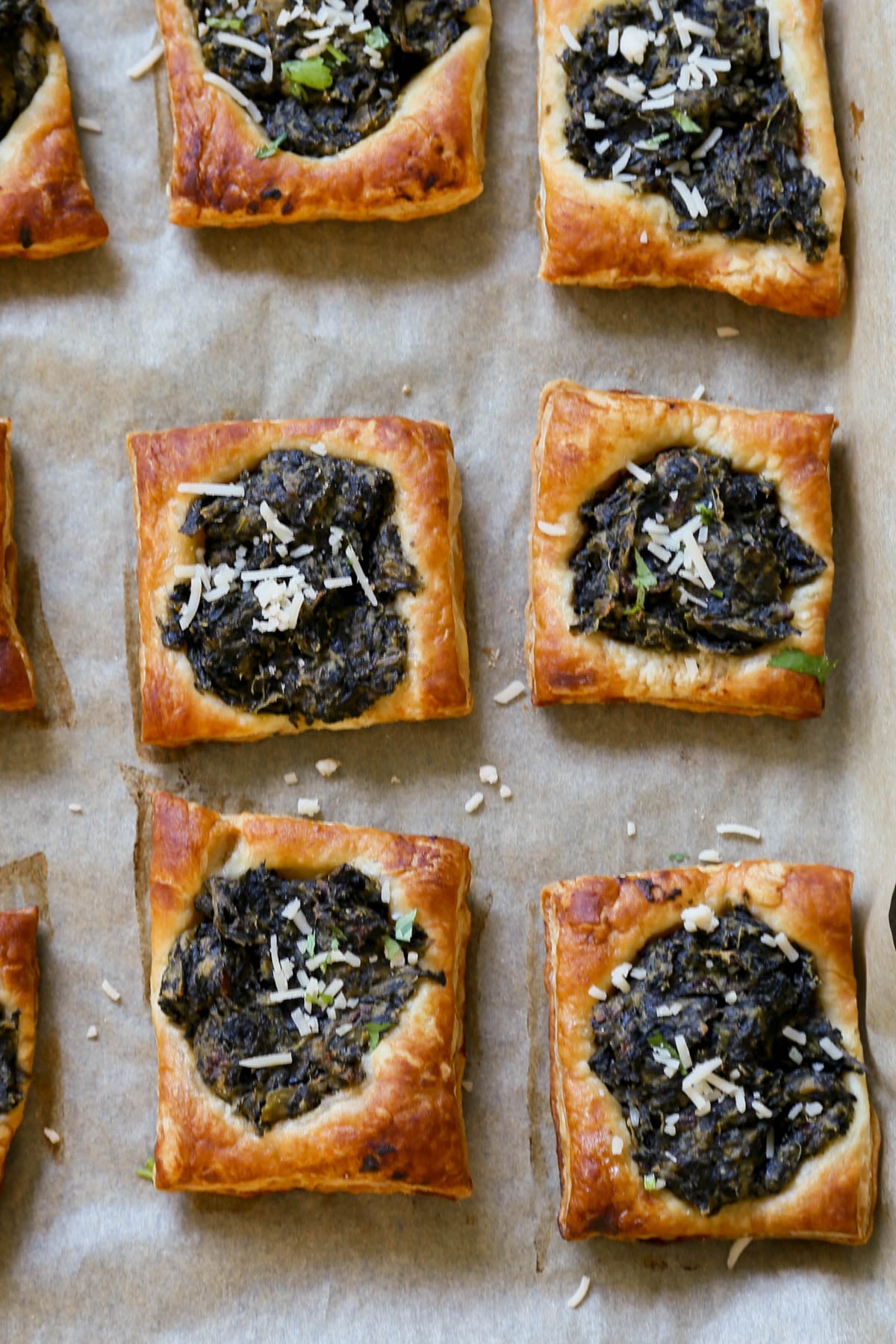 spinach puff pastry on the baking sheet after baking