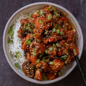 baked mushroom tofu stir fry in a bowl