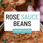 rosé sauce beans in the pan with sourdough dipped into it, text overlay