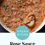 rosé sauce beans in the pan with sourdough dipped into it, text overlay