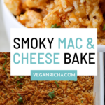 bowl and panful of smoky vegan mac and cheese, text overlay