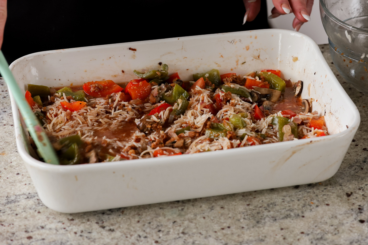 unstuffed pepper casserole in the pan before baking
