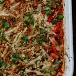 close-up of a pan of unstuffed pepper casserole after baking