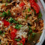 close-up of a bowl of unstuffed pepper casserole