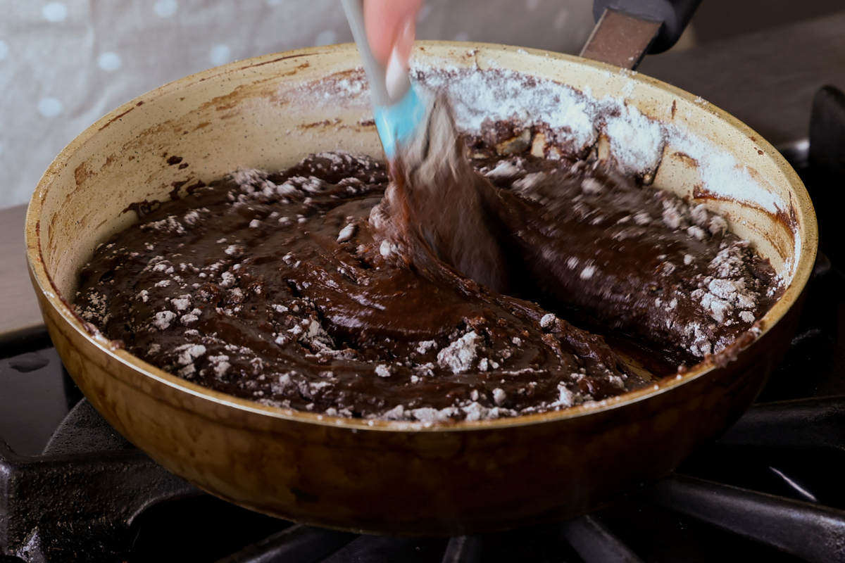 mixing the batter in the pan