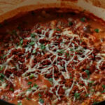 creamy lasagna soup in the pan after cooking