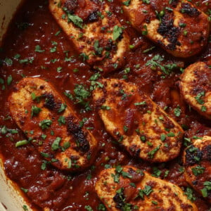 close-up of pan of peri peri chicken