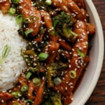 vegan beef with broccoli in a bowl with rice