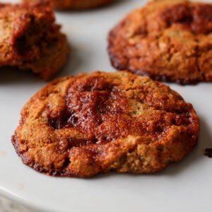 close-up of gochujang caramel cookies on the baking sheet