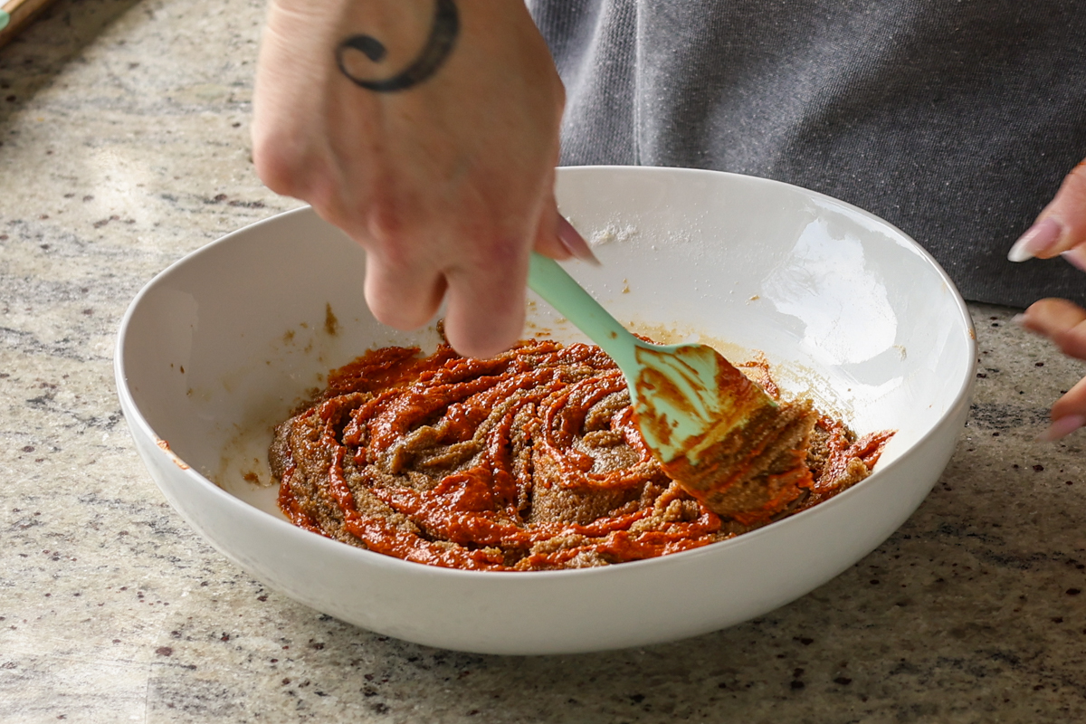 swirling the gochujang caramel into the dough