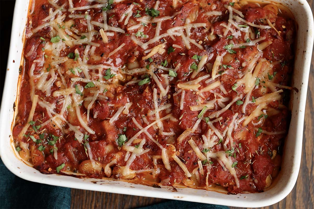 bean parmigiana in the pan after baking