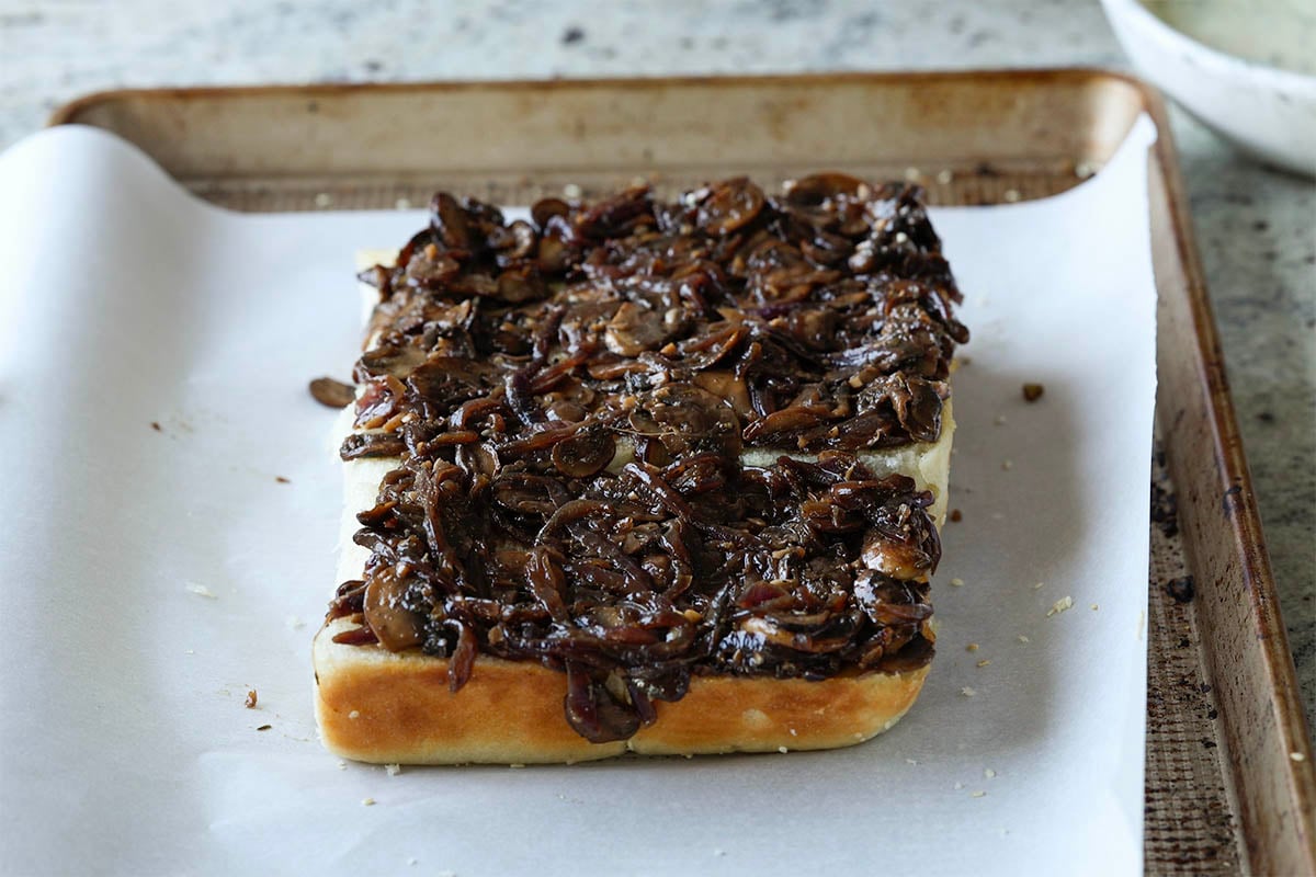 mushroom mixture spread onto the dinner rolls