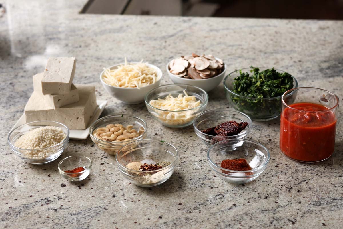 marry me tofu ingredients in bowls on the kitchen counter