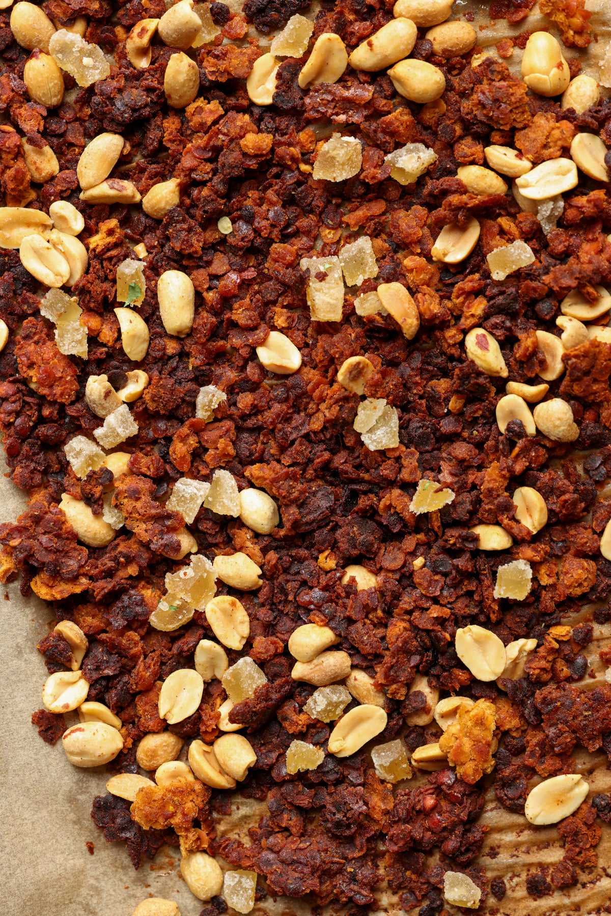 peanut gochujang savory lentil granola on the baking pan after baking