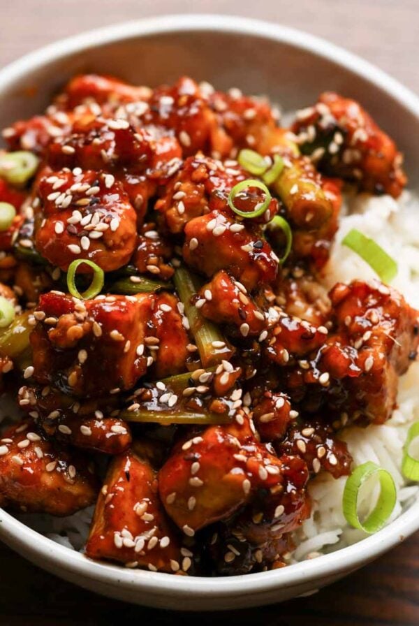 teriyaki tofu in a bowl with rice