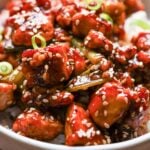 close-up of teriyaki tofu in a bowl with rice