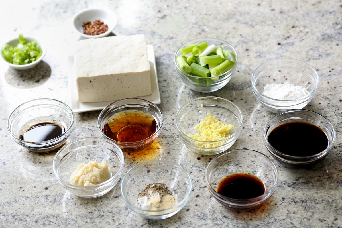 teriyaki tofu ingredients in bowls