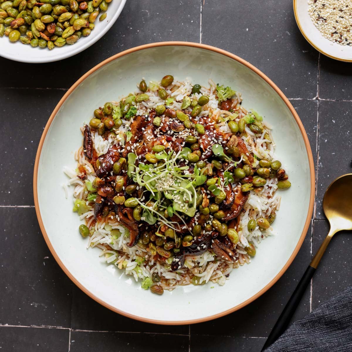 crispy edamame bowl on a black table