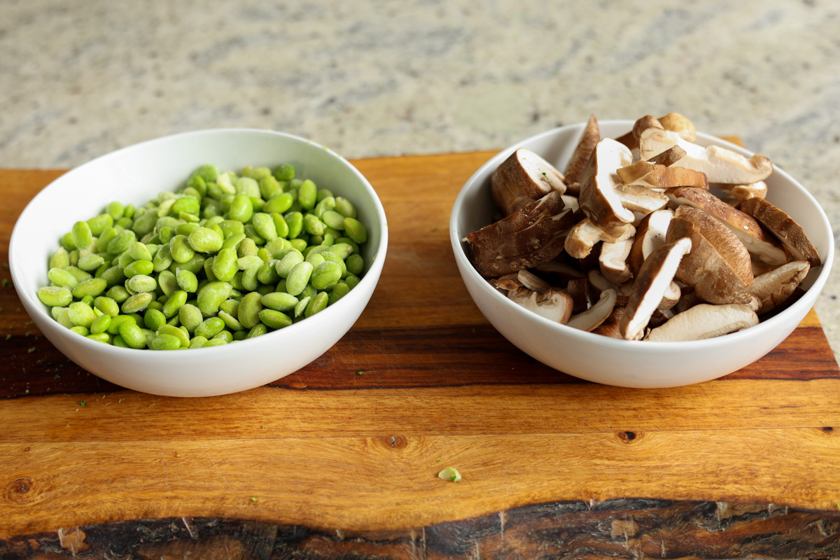 edamame and mushrooms ready to bake