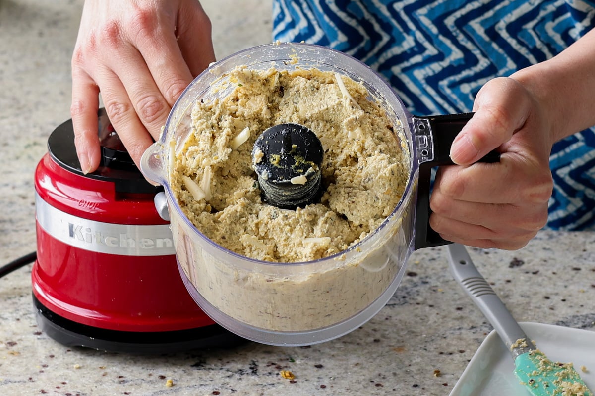 tofu mixture in the food processor, after running it