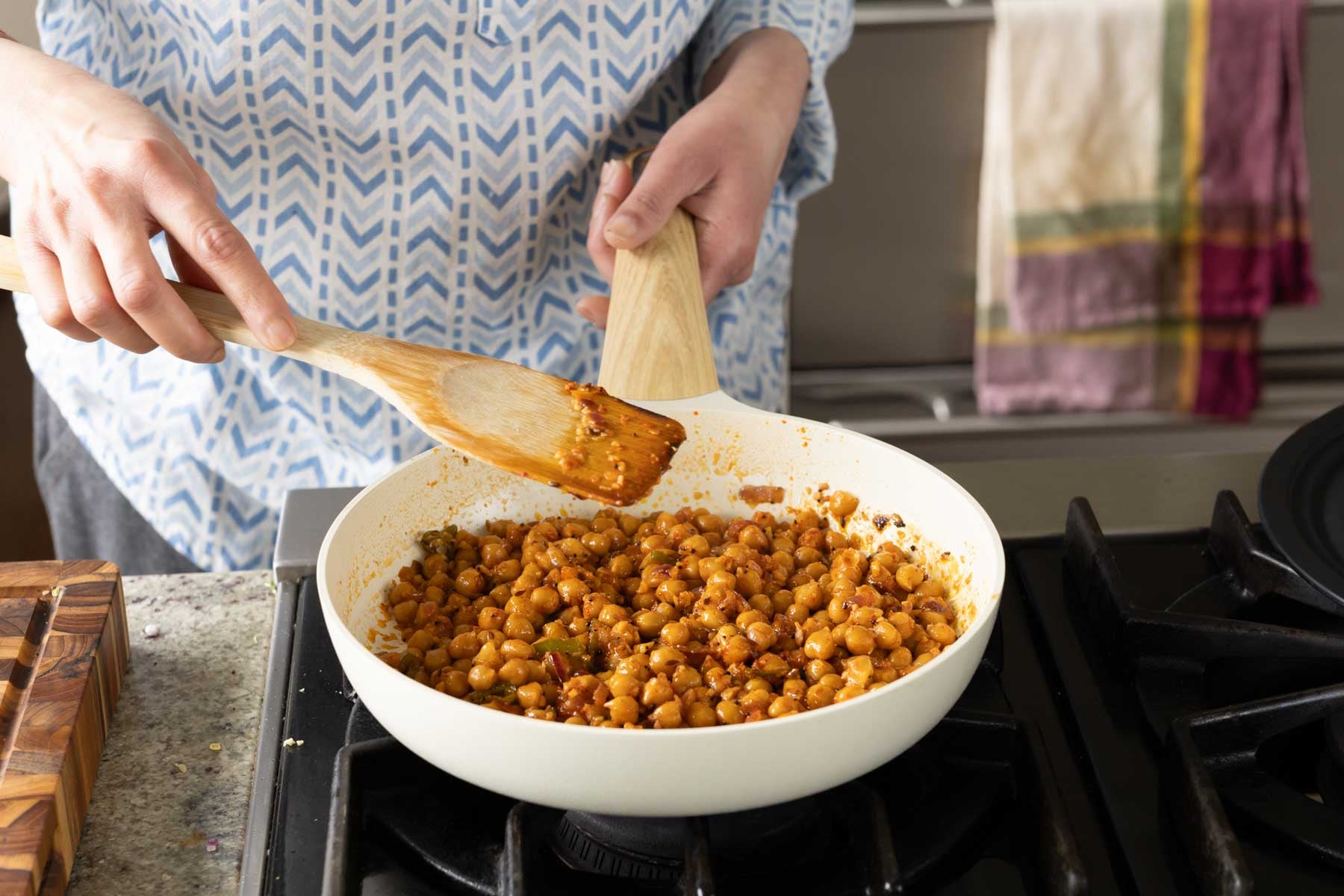 chili garlic chickpeas in the pan after cooking