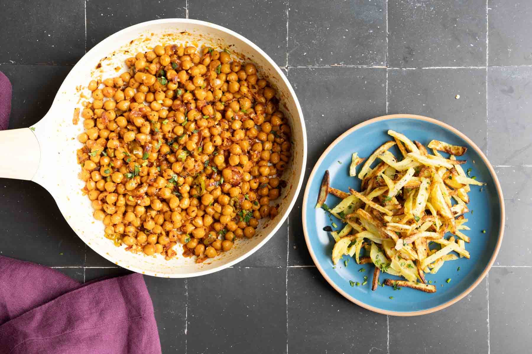 chili garlic chickpeas and crispy potatoes after cooking