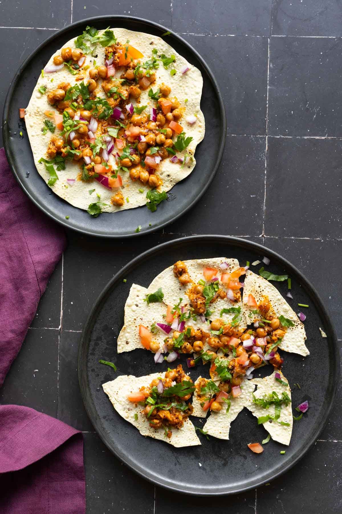papadum nachos made with chili garlic chickpeas and crispy potatoes