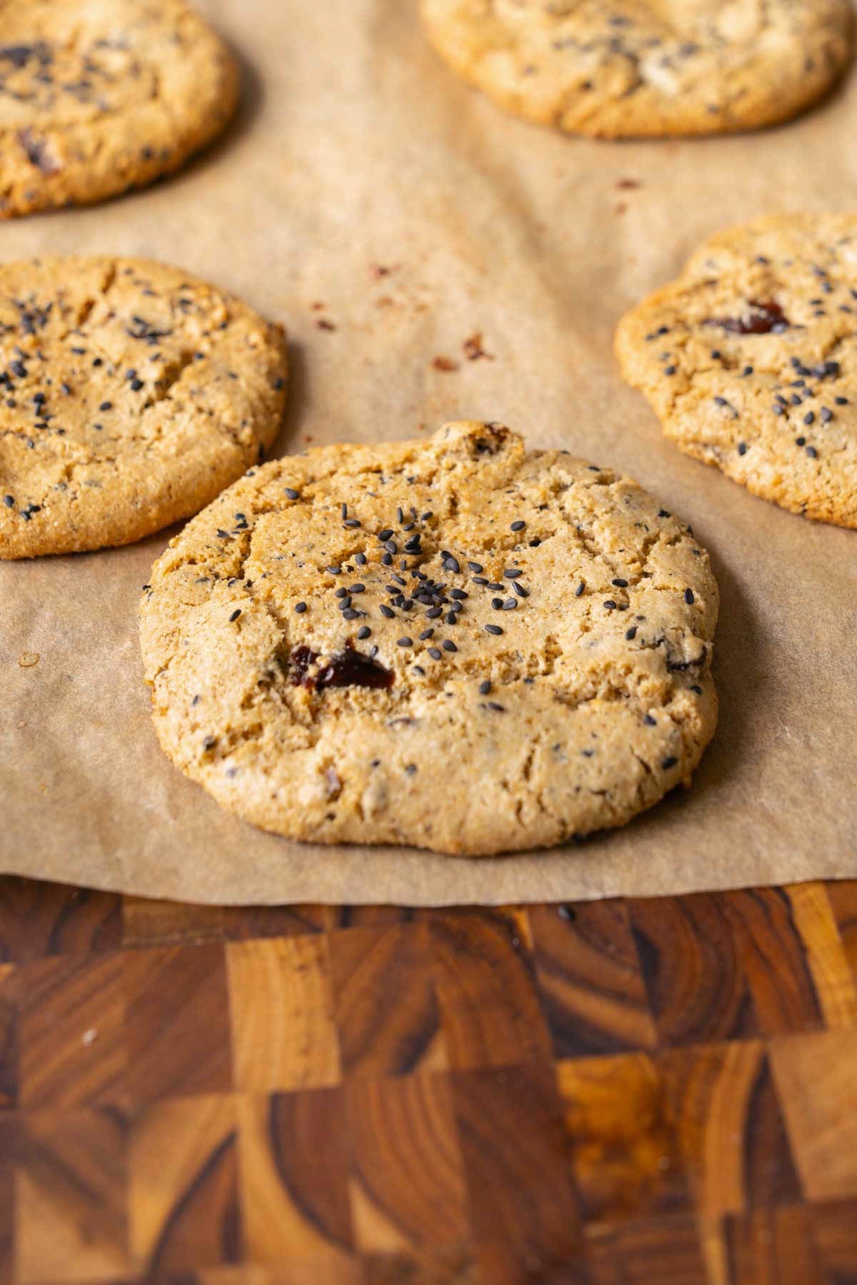 close-up of black sesame cookies on the baking sheet after baking