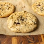 close-up of black sesame cookies on the baking sheet after baking
