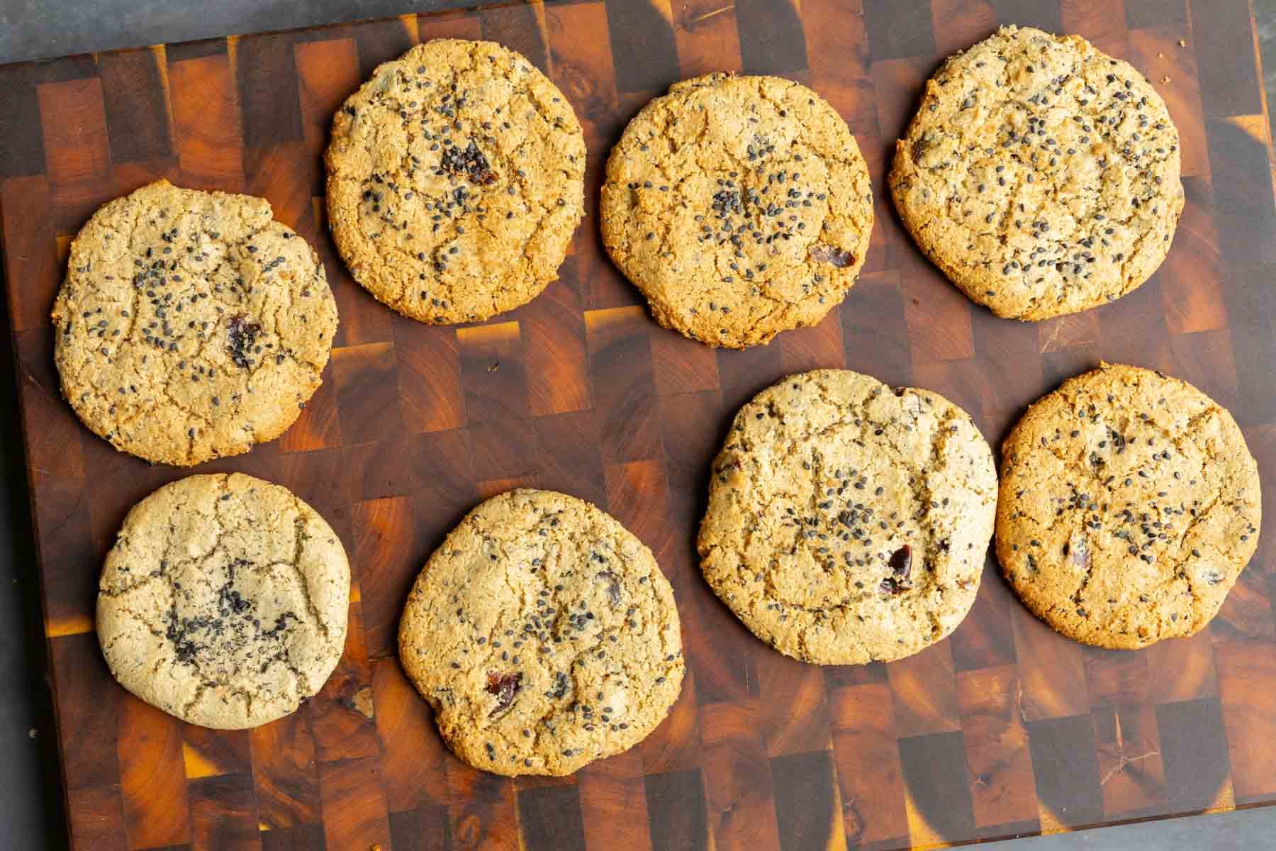 black sesame cookies on a cutting board after cooling