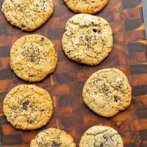 black sesame cookies on a cutting board after cooling