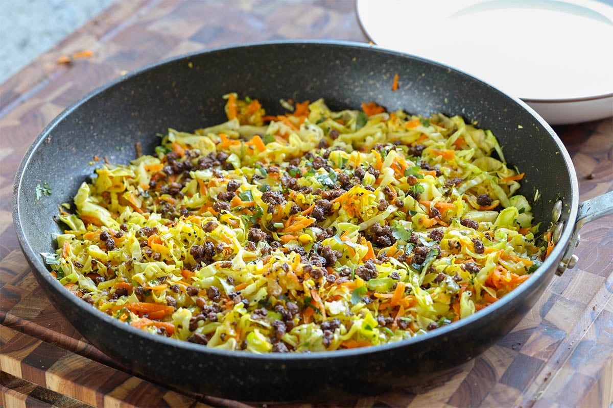 Indian cabbage salad in the pan after cooking