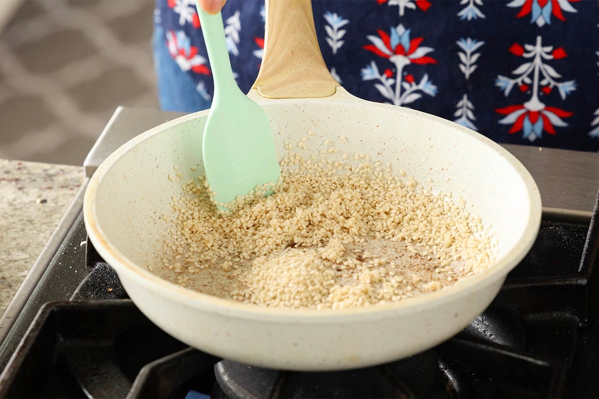 sesame seeds in the pan before roasting