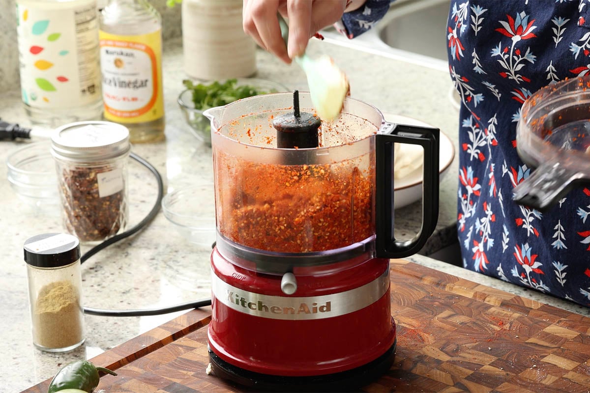 chili garlic coconut chutney in the food processor after running it