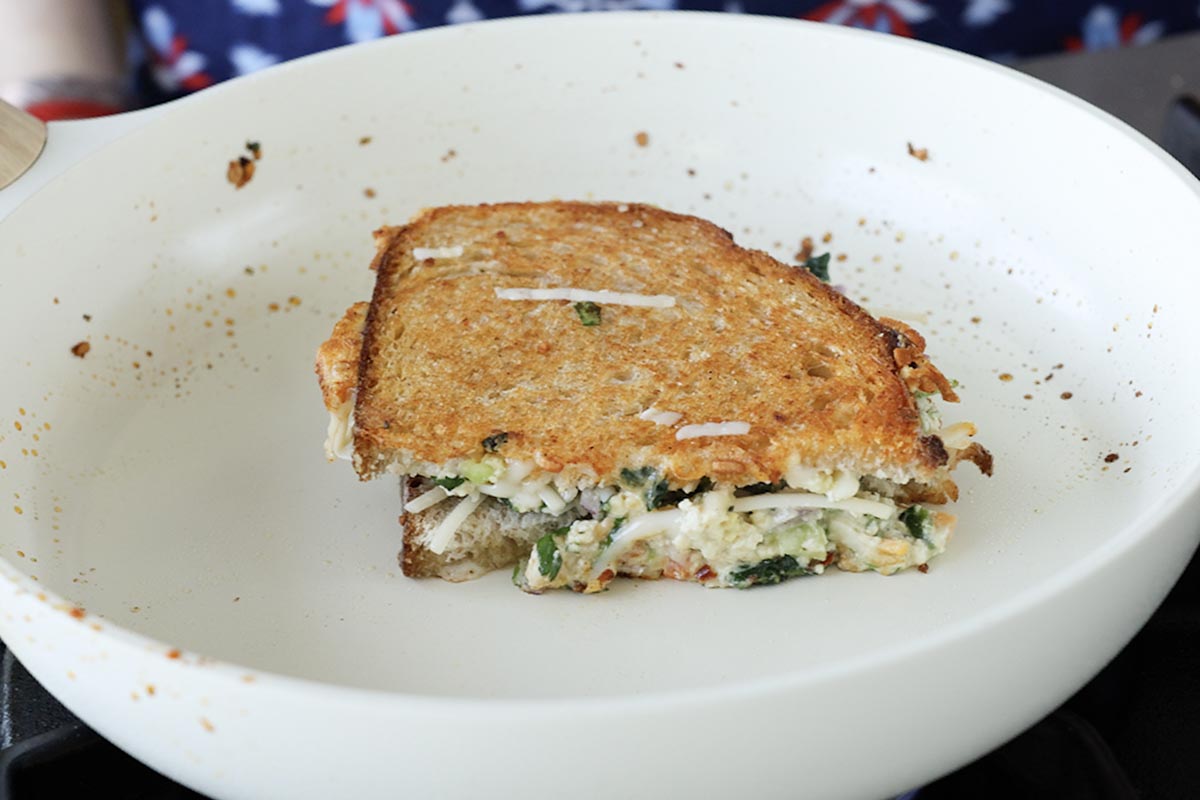 chilli grilled cheese sandwich in the pan after cooking